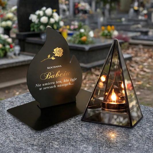Znicz LED LUSTRZANY Piramida 3D dla Babci z Metalową Podstawką
