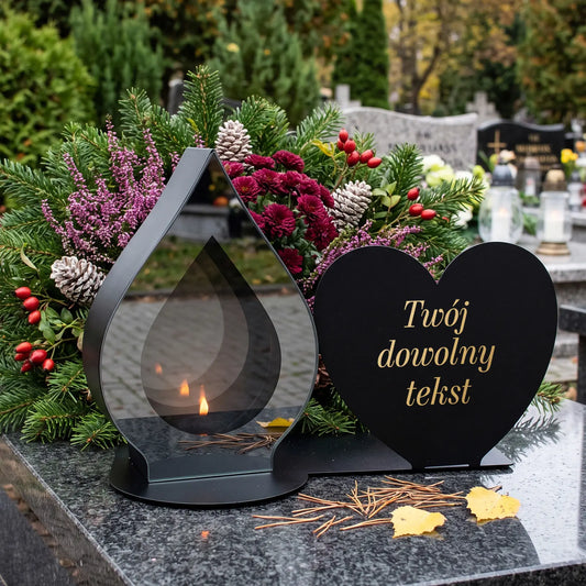 Duży znicz lustrzany LED XXL 3D na grób z metalową podstawą serce i własną dedykacją