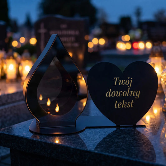 Duży znicz lustrzany LED XXL 3D na grób z metalową podstawą serce i własną dedykacją