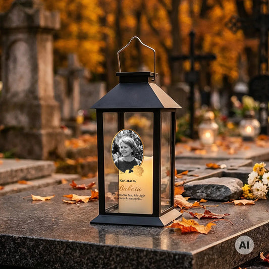 Znicz solarny z wkładem LED lampion ze zdjęciem na grób BABCI
