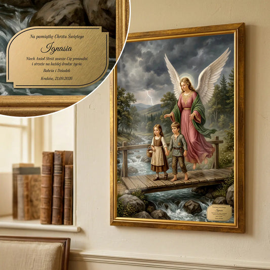 Obraz Anioł Stróż (50 x 70 cm) w złotej drewnianej ramie z Personalizacją