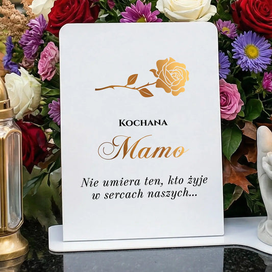 Statuetka z dedykacją na grób dla Mamy i Lampion LED