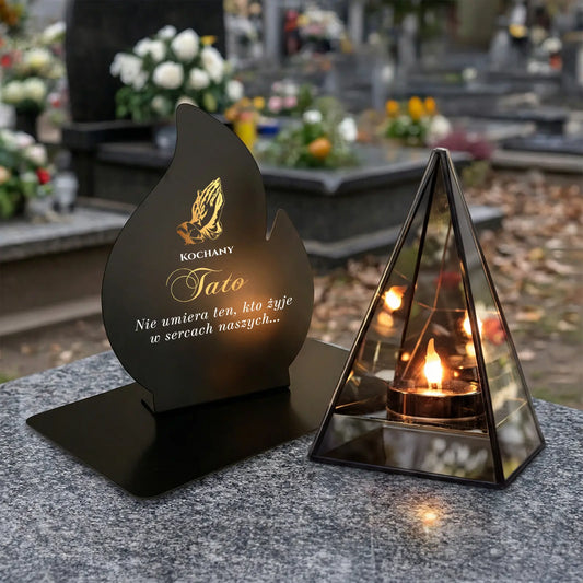 Znicz LED LUSTRZANY Piramida 3D dla Taty z metalową podstawką