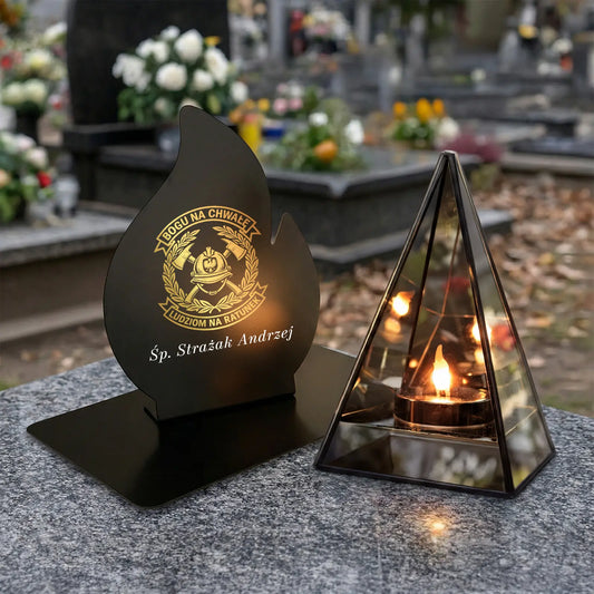 Znicz LED LUSTRZANY Piramida 3D dla Strażaka z Metalową Podstawką