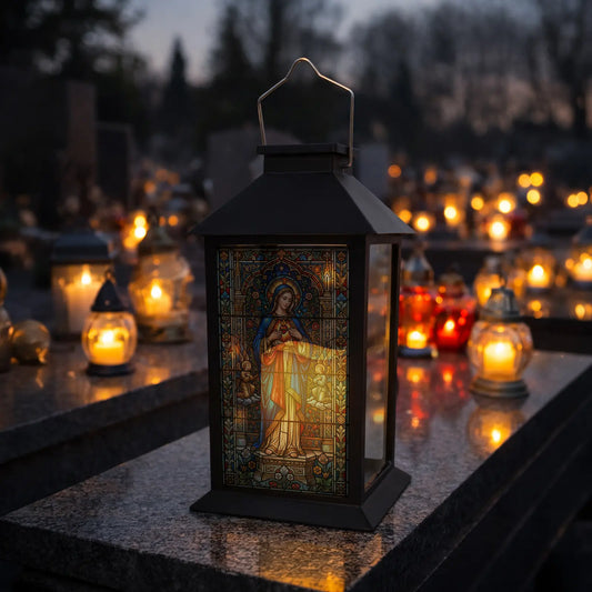 Znicz LED SOLARNY lampion z witrażem Matki Boskiej