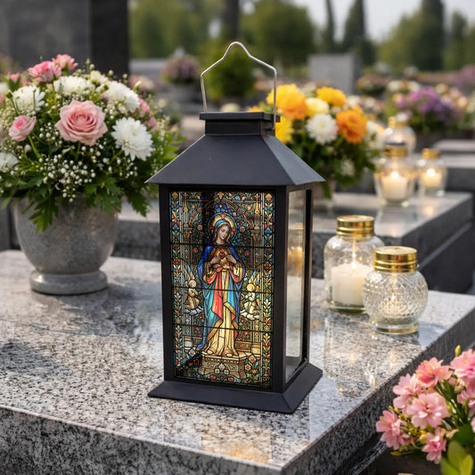 Znicz LED SOLARNY lampion z witrażem Matki Boskiej