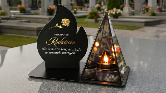 Znicz LED LUSTRZANY Piramida 3D dla Rodziców z Metalową Podstawką