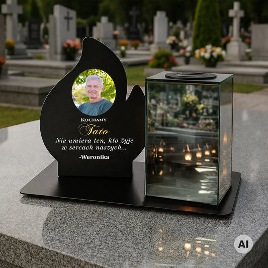 Znicz LEDOWY Lustrzany 3D ze zdjęciem TATY na metalowej podstawie