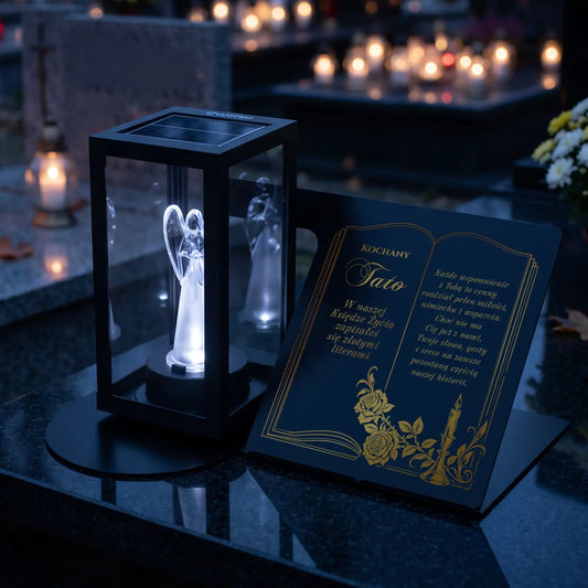 Lampion SOLARNY anioł LED na metalowej podstawie na grób TATY