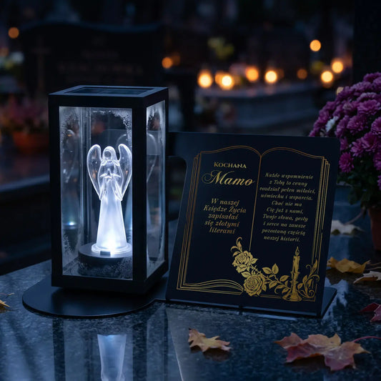 Lampion SOLARNY anioł LED na metalowej podstawie na grób MAMY