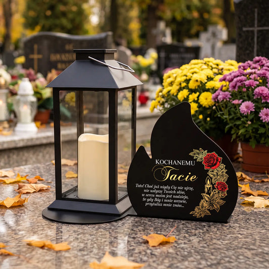 Znicz solarny LED z napisem na metalowej podstawie na grób TATY