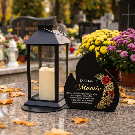 Znicz solarny LED z napisem na metalowej podstawie na grób MAMY