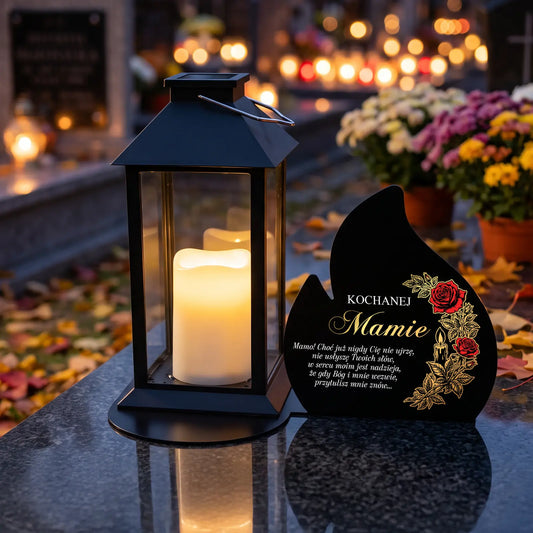 Znicz solarny LED z napisem na metalowej podstawie na grób MAMY