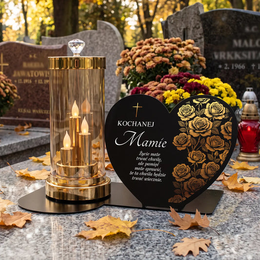 Znicz szklany glamour z wkładem LED i dedykacją dla MAMY na metalowej podstawie serce