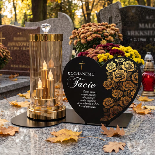 Znicz szklany glamour z wkładem LED i dedykacją dla TATY na metalowej podstawie serce