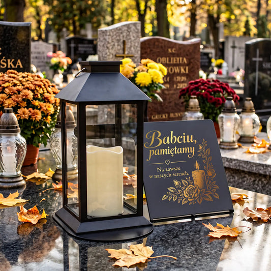 Znicz solarny LED na grób BABCI z metalową podstawą i dedykacją