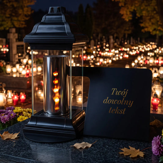 Szklany znicz LED na grób z metalową podstawą i własną dedykacją