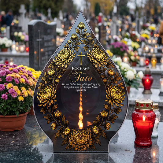 Znicz szklany LED w kształcie płomienia LUSTRZANY na grób TATY