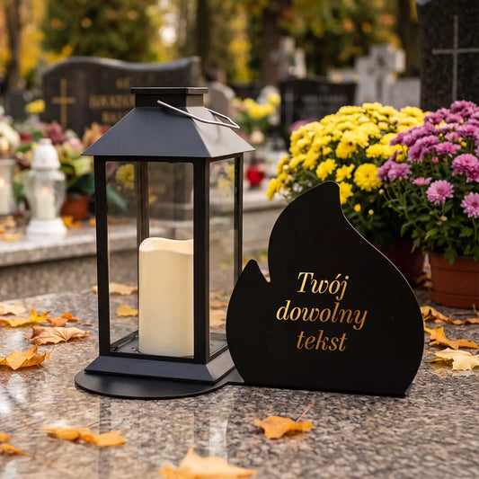 Znicz solarny LED na metalowej podstawie na grób z własną dedykacją