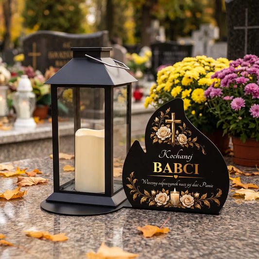 Znicz solarny LED z napisem na metalowej podstawie na grób BABCI