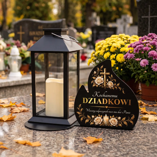 Znicz solarny LED z napisem na metalowej podstawie na grób DZIADKA