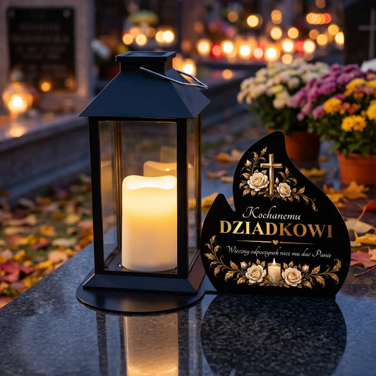 Znicz solarny LED z napisem na metalowej podstawie na grób DZIADKA