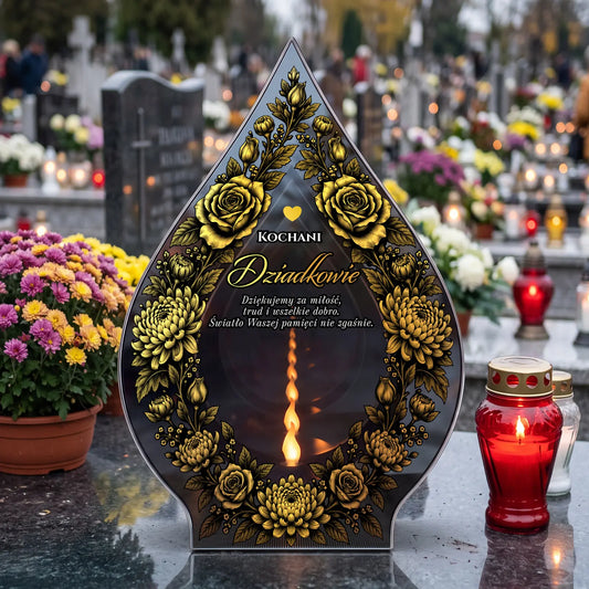 Znicz szklany LED w kształcie płomienia LUSTRZANY na grób DZIADKÓW