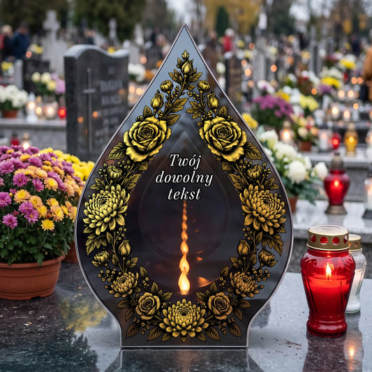 Znicz szklany LED w kształcie płomienia LUSTRZANY 3D z własną dedykacją