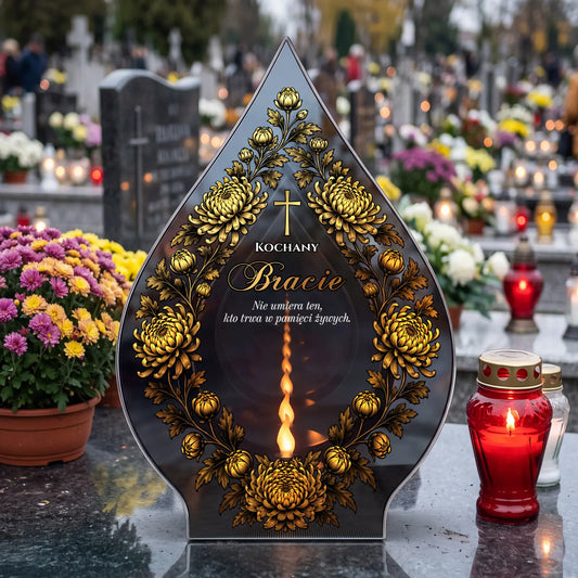 Znicz szklany LED w kształcie płomienia LUSTRZANY na grób BRATA