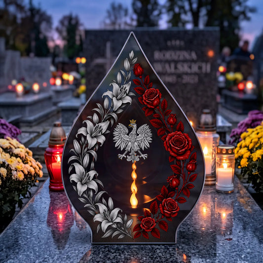 Znicz szklany LED patriotyczny lustrzany 3D w kształcie płomienia