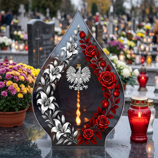 Znicz szklany LED patriotyczny lustrzany 3D w kształcie płomienia