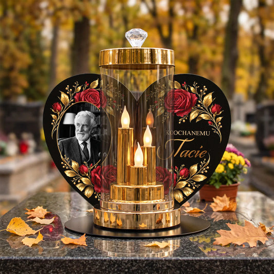 Lampion szklany LED GLAMOUR na metalowej podstawie serce ze zdjęciem na grób TATY