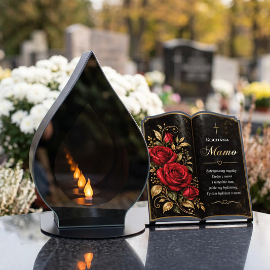 Znicz LED XXL lustrzany 3D z metalową podstawą i dedykacją na grób MAMY