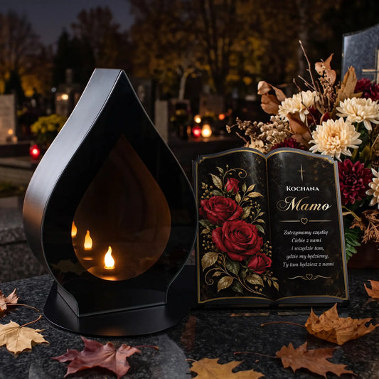 Znicz LED XXL lustrzany 3D z metalową podstawą i dedykacją na grób MAMY