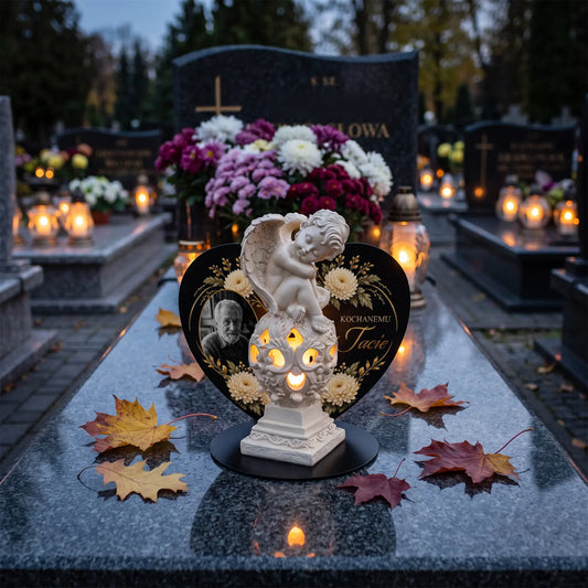Lampion solarny LED anioł ze zdjęciem Taty na metalowej podstawie z sercem