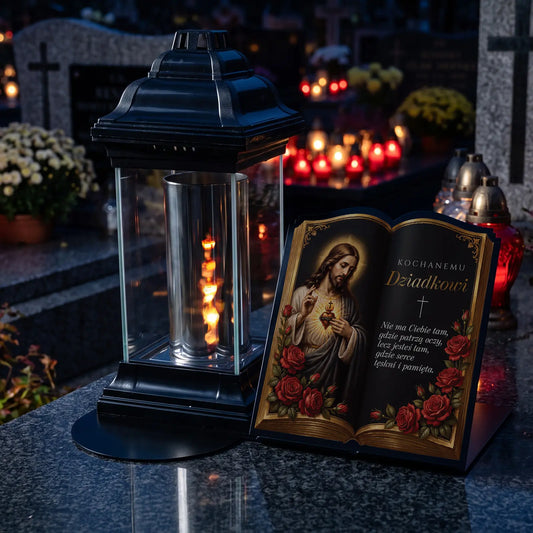 Znicz nagrobny z wkładem LED i dedykacją dla DZIADKA na metalowej podstawie