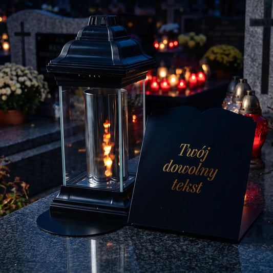 Znicz nagrobny z wkładem LED i własną dedykacją na metalowej podstawie