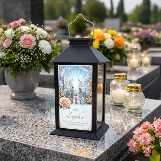 Znicz solarny kapliczka LED z dedykacją na grób SYNA