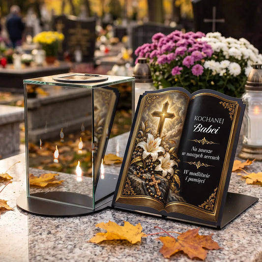 Znicz solarny lustrzany 3D LED na grób BABCI z dedykacją i metalową podstawą