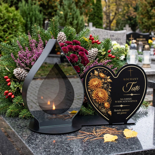 Duży znicz lustrzany LED XXL 3D na grób Taty z dedykacją na metalowej tabliczce serce