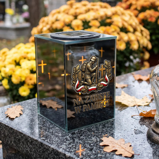 Znicz patriotyczny SOLARNY LED lustro 3D na grób ŻOŁNIERZA