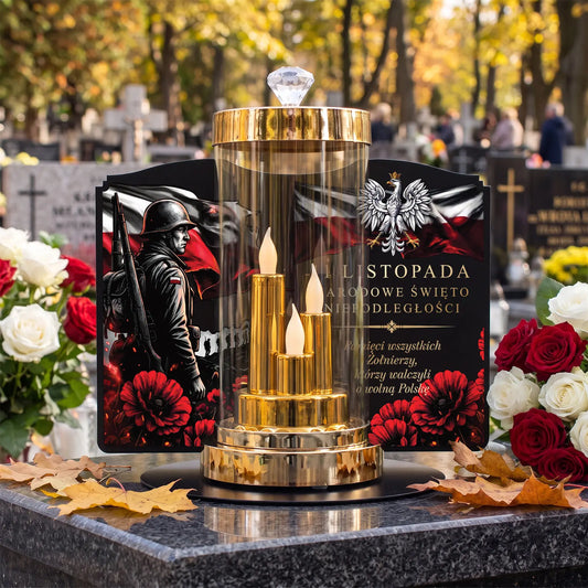 Znicz PATRIOTYCZNY glamour z wkładem LED i dedykacją na metalowej podstawie