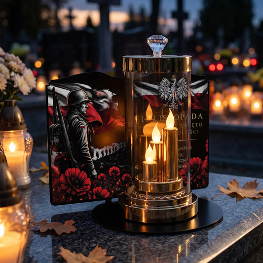 Znicz PATRIOTYCZNY glamour z wkładem LED i dedykacją na metalowej podstawie