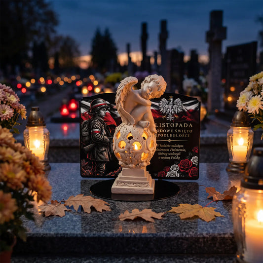 Lampion PATRIOTYCZNY znicz solarny anioł LED z metalową podstawą na grób żołnierza